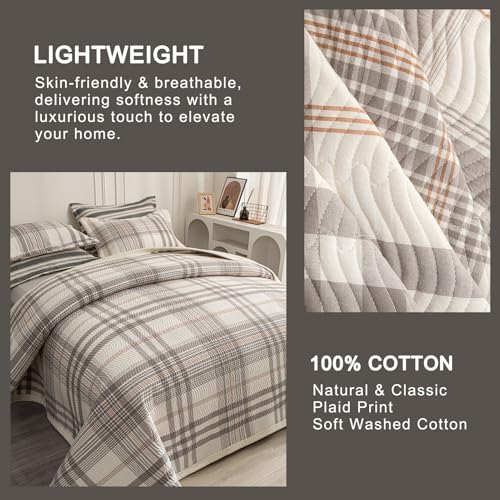 Queen Size Reversible Cotton Quilt Set with Wave Quilting - Grey & White, 90x96, Grid Pattern - Includes 2 Pillow Shams - Light & Soft for All Seasons