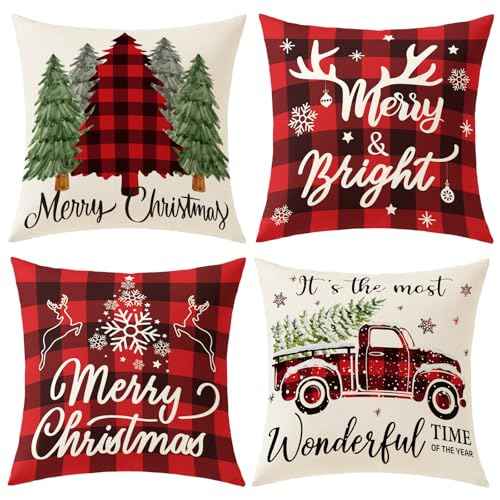 Buffalo Plaid Christmas Pillow Covers 18x18 Red Black Green Set of 4 Farmhouse Christmas Decorations Throw Pillow Covers Winter Holiday Linen Cushion Case for Home Sofa Couch Bed Chair