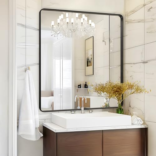 36x36 Black Bathroom Vanity Mirror Over Sink - Wall Square Mirror with Explosion-Proof Film