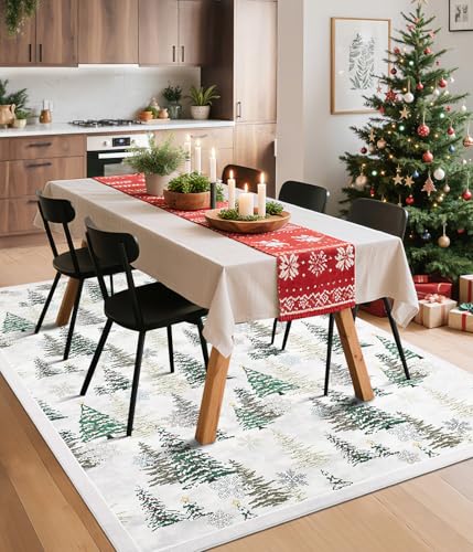 GarveeHome Red & Beige 8x10 Christmas Rug Non Slip Washable Snow Tree Decor