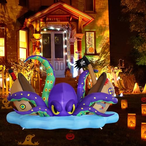 Juegoal Halloween Inflatable Giant Octopus & Haunted Pirate Ship, 7.5FT Lighted Yard Decor