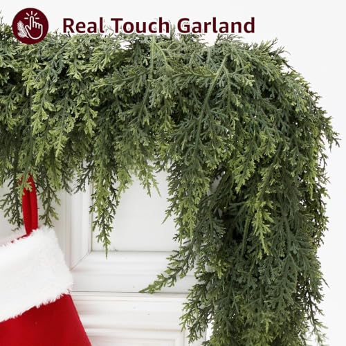 KAI-ROAD 6Ft Prelit Christmas Cedar Garland with Lights 2 Pack Real Touch Decor