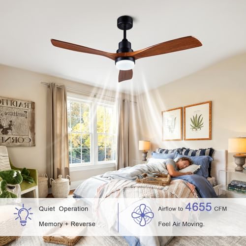 52-Inch Wooden Outdoor Ceiling Fan with Light and Remote Control - Black + Walnut