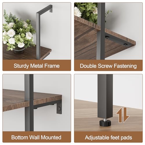 Rustic Brown 5-Tier Wall-Mounted Ladder Shelf Set - Industrial Wood Bookcase, 2PCS
