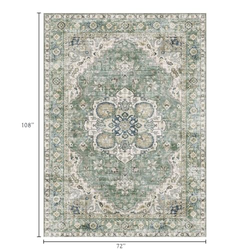 6x9 Sage Green Oriental Area Rug for Living Room & Bedroom - Distressed Pattern