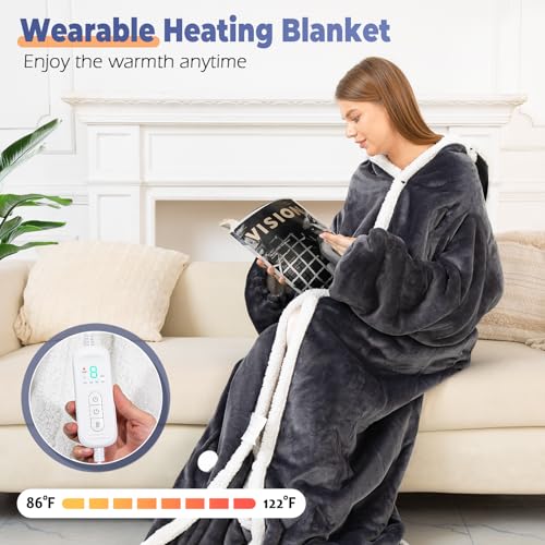 Grey Wearable Heated Blanket with Foot Pocket & Hood - Electric Throw with Sleeves, 8 Heat Levels, Auto-Off, Portable