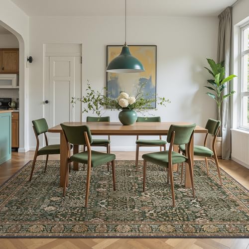 Vintage Floral Washable Rug 8x10 - Dark Green & Brown Area Carpet