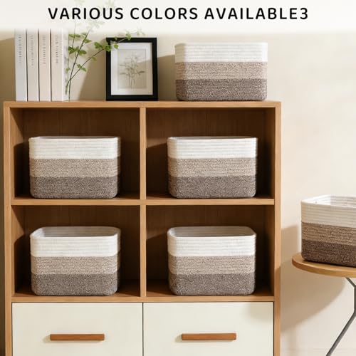 KIUGCO White & Khaki 4 Pack Cotton Rope Storage Baskets, 13x11x8 Inches