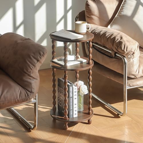 Small Round End Table with 3-Tier Open Shelves - Walnut Brown