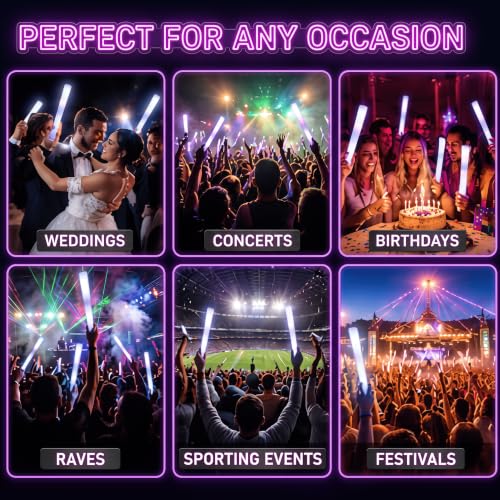 24 Pack LED Foam Glow Sticks Wands for Parties, Weddings & Events
