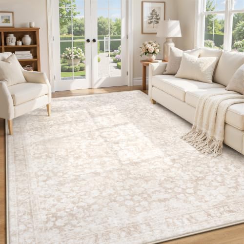 Beige 6'x9' Boho Vintage Washable Non-Slip Area Rug - Soft Stain-Resistant Indoor Carpet for Living Room, Bedroom, Nursery, Office