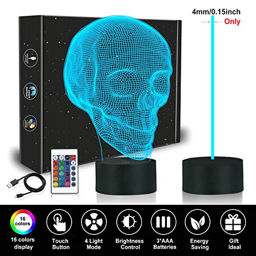 FULLOSUN Skull 3D Lamp Optical Illusion Night Light, Death Model Holiday Gift for Holloween Ghost Festival, Men Room Night Light with Remote Control 16 Colors Changing