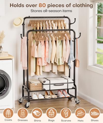 Heavy Duty Garment Rack with 2 Rods & 4 Wheels - Black, 30 Inches