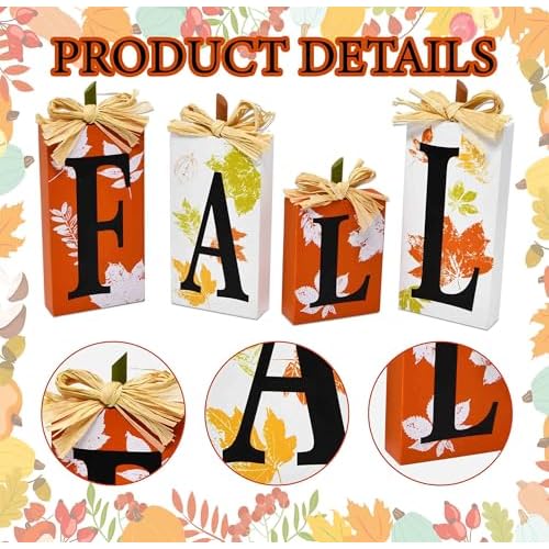 Gift Boutique Thanksgiving Fall Table Block Set of 4 Autumn Wooden Signs Blocks for Tiered Tray Tabletop Centerpieces Mantle & Home Office Decorations