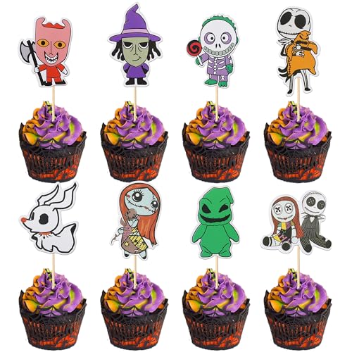40 Pack Halloween Cupcake Toppers Skull Ghost Jack and Sally Cupcake Picks for Scary Christmas Halloween Anniversary Birthday Cake Decorations Party Supplies