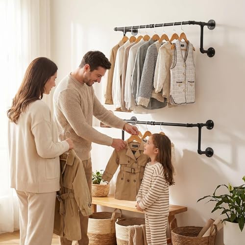 2-Pack Wall Mounted Industrial Pipe Clothing Racks with Flanges – Rustic Metal Garment Organizer
