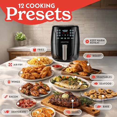 Gourmia 6 Quart Air Fryer Black - 12 Presets, Family Size, Nonstick Basket