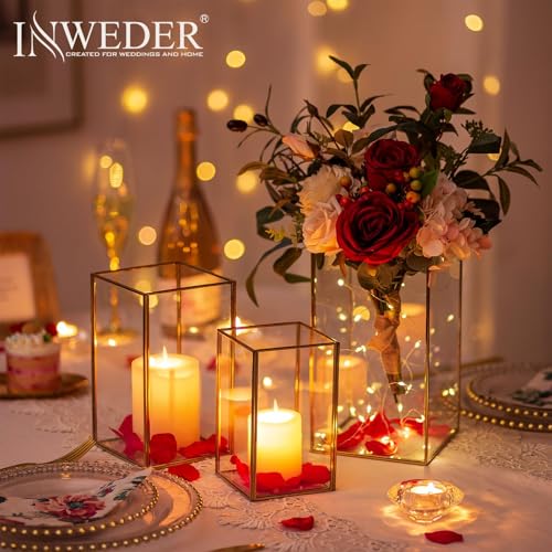 Hurricane Glass Candle Holder: Large Gold Lanterns Set of 3