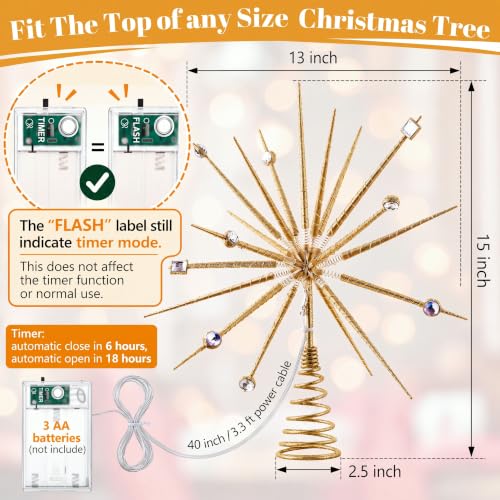 ElectricWise 15-Inch Gold LED Starburst Christmas Tree Topper with Timer & Battery