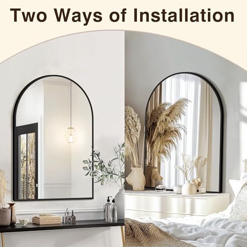 FICTOR 36x24 Inch Arched Bathroom Vanity Mirror Black with Aluminum Frame, Over Sink