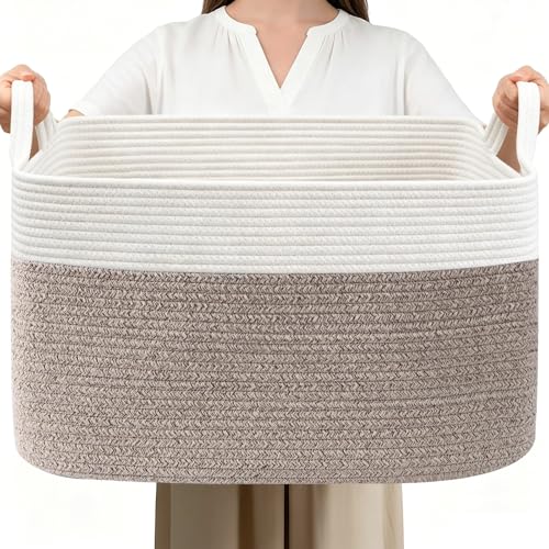 96L Laundry Basket with Handles - Extra Large Blanket & Toy Storage - White & Brown