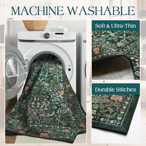 Dark Green Floral Oval Rug - 5x8 Boho Washable Area Rug for Living Room
