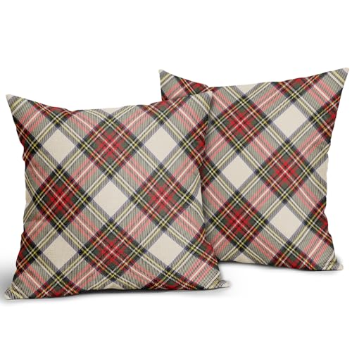 Aytipun 18x18 Inch Christmas Plaid Pillow Covers Set of 2 - Red Green Blue Buffalo Check Farmhouse Holiday Decor, Beige Variation