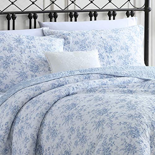 Laura Ashley Queen Quilt Set with Shams - Reversible Cotton Bedding, Walled Garden Blue, Full/Queen
