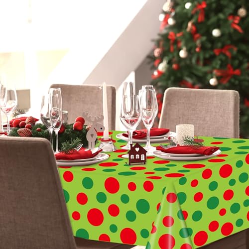3Pcs Christmas Disposable Tablecloth Red Green Polka Dot Table Cover Rectangle Plastic Table Cloth for Xmas Party Decoration, 54 x 108 Inch