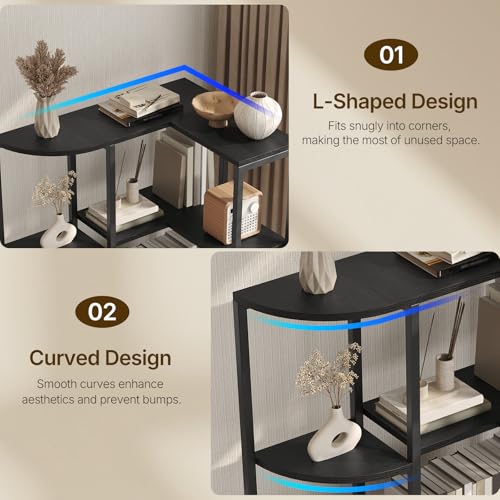 YATINEY Black Corner Bookshelf 5-Tier L-Shaped Bookcase with Fabric Drawers