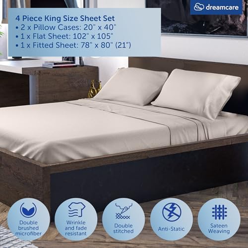 DREAMCARE King Size Deep Pocket Bed Sheets Set - Beige, Extra Soft Microfiber, 4 Piece, with Side Pocket, Model 15