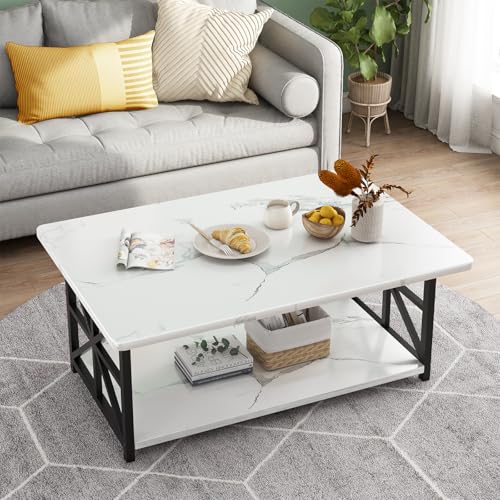 AWQM White Faux Marble 2-Tier Coffee Table with Round Corners & Storage Shelf
