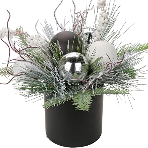 Briful 10 Inch Mini Artificial Christmas Tree with White Holly Pine Snowy Decor in Black Ceramic Pot