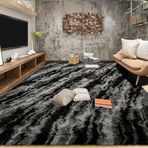 Tepook Black Grey 6x9 Fluffy Shag Rug for Living Room & Bedroom