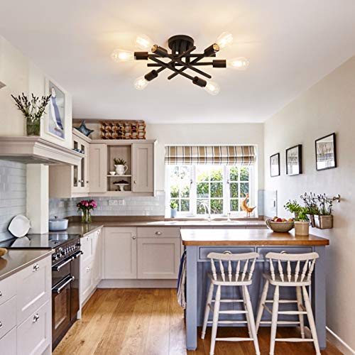 Semi Flush Mount Ceiling Light Fixture - Black Sputnik Chandelier with 6 E26 Bulb Base - Modern Farmhouse Style