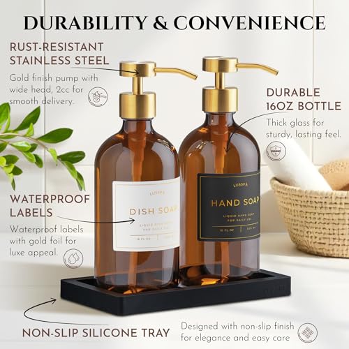 Amber Glass Soap Dispenser Set of 2 with Gold Pumps & Silicone Tray - 16.8 Oz