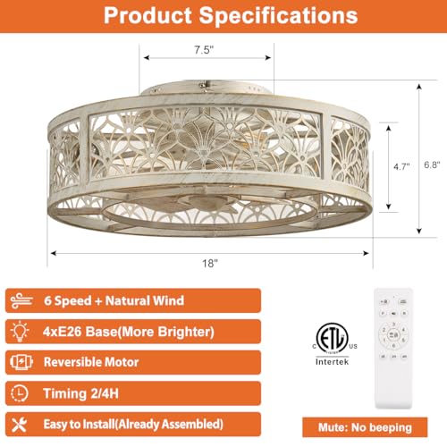 White Gold 18-inch Caged Ceiling Fan with Light Remote Control