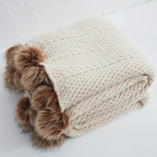 51x63 Inch Knit Throw Blanket with Pom Poms - Super Soft Warm Cozy Couch & Sofa Accessory Beige Apricot - VCTOPS