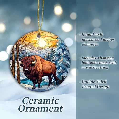 Buffalo Christmas Ornament 2025 | Stained Glass Bison Ornament, Wild Animals Christmas Tree Decor, Beautiful Scenic Buffalo, Keepsake, Yellowstone National Park (Bison in Light)
