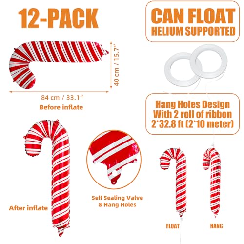 Deermon 12 Pack Large Red Candy Cane Foil Balloons - Xmas Party Decor (Variation: Red)