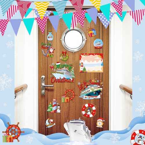Christmas Cruise Door Magnets - 16 Pcs Cute Merry Xmas Ship Cabin Decorations Magnetic Stickers Anchor Stateroom Snowman Santa Decal Decor with Pens for Whiteboard Fridge Party Car Gifts
