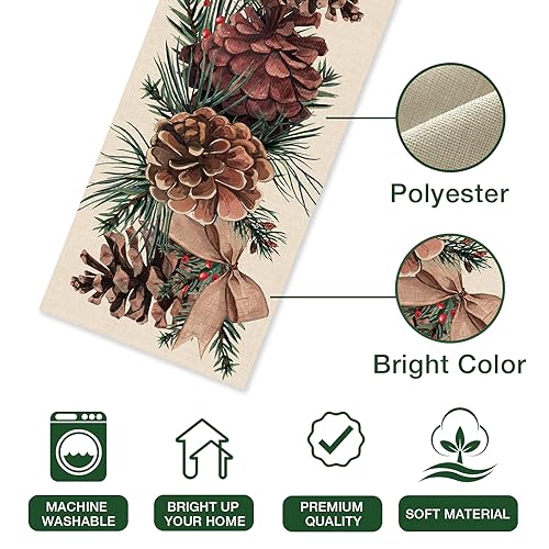 Seliem Winter Pine Cone Table Runner, Pine Needle Branch Red Berry Bow Farmhouse Kitchen Dining Table Decor, Christmas Holiday Seasonal Rustic Home Decoration Indoor Outdoor Party Supply 13x36 Inches