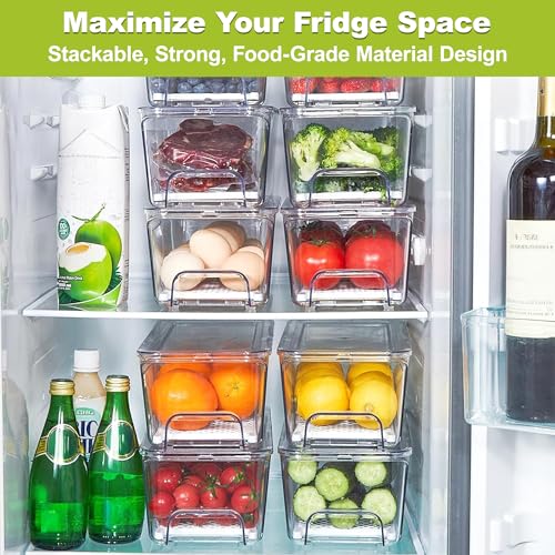 6-Pack Clear Fridge Organizer Bins with Drain Tray - Stackable, Food Storage Containers