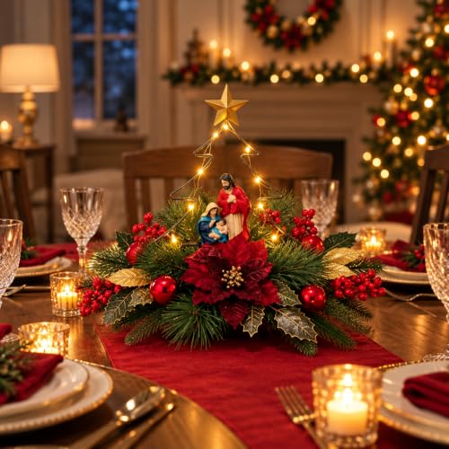 Eksen Nativity LED Christmas Tree Tabletop Centerpiece, Holy Family