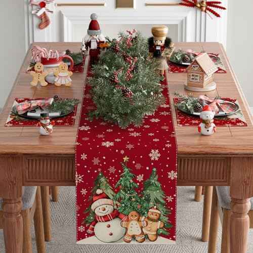XCHI Winter Red Snowman Gingerbread Man Christmas Tree Xmas Table Runner Table Decoration for Party Home Kitchen Dining Holiday Decor 13x72 Inch