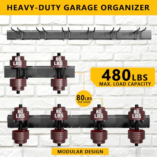 Garage Tool Organizer Wall Mount with 6 Adjustable Double Hooks - 48in Heavy-Duty Storage System