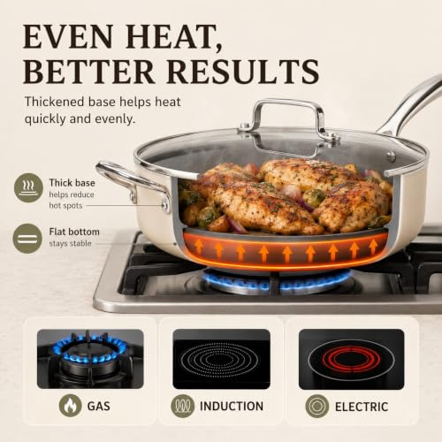 Kikcoin 12 Inch Ceramic Nonstick Deep Frying Pan with Lid, 5 QT - Cream & Grey