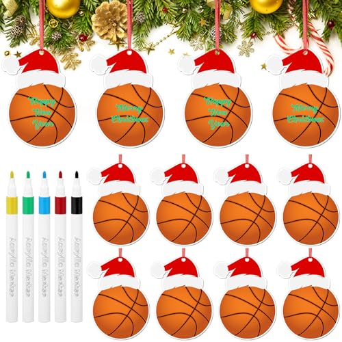 Thyle 12 Pcs Basketball Christmas Ornaments with Santa Hat – 4 Inch Bulk Set