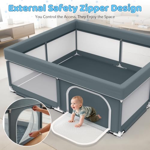 Babyvoye Grey 79x71 Inch Large Indoor & Outdoor Baby Playpen for Toddlers