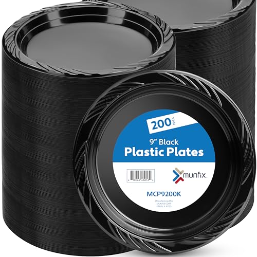 9 Inch Black Plastic Dinner Plates Set - Bulk Pack of 200 Disposable Plates